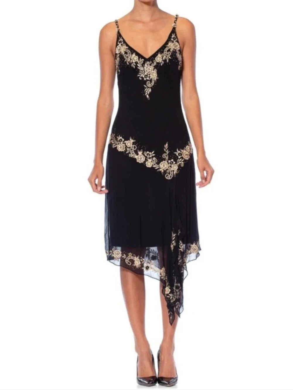 R&M Richards vintage 1990s black embroidered and embellished dress - Picture 1 of 10